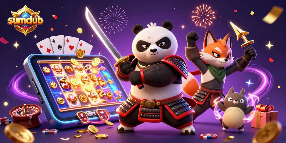 Win big with sumclub's thrilling gaming experience featuring a panda samurai and ninja fox.