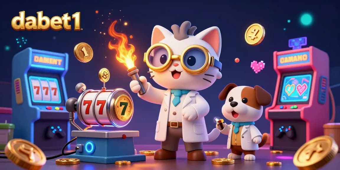 dabet1 immerses players in an engaging casino scene with a mad scientist cat and vibrant slot game elements.