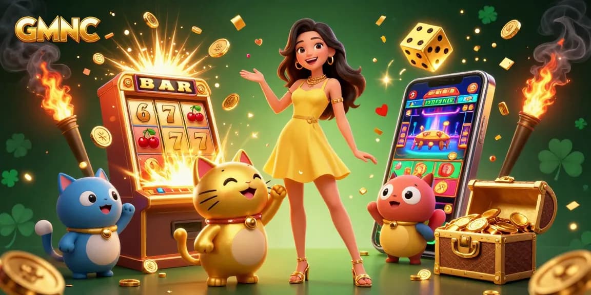Spin for excitement with GMNC's vibrant casino scene featuring a cheerful woman and lucky cat!