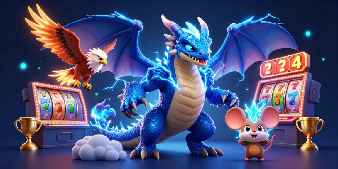 Experience thrilling action with LC88 as electric blue dragon and companions enrich a vibrant casino scene.