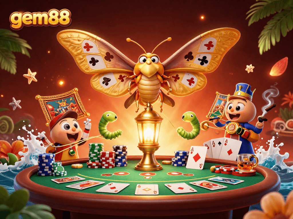 Experience the vibrant casino atmosphere of gem88 with a majestic 3D illustration featuring poker elements.