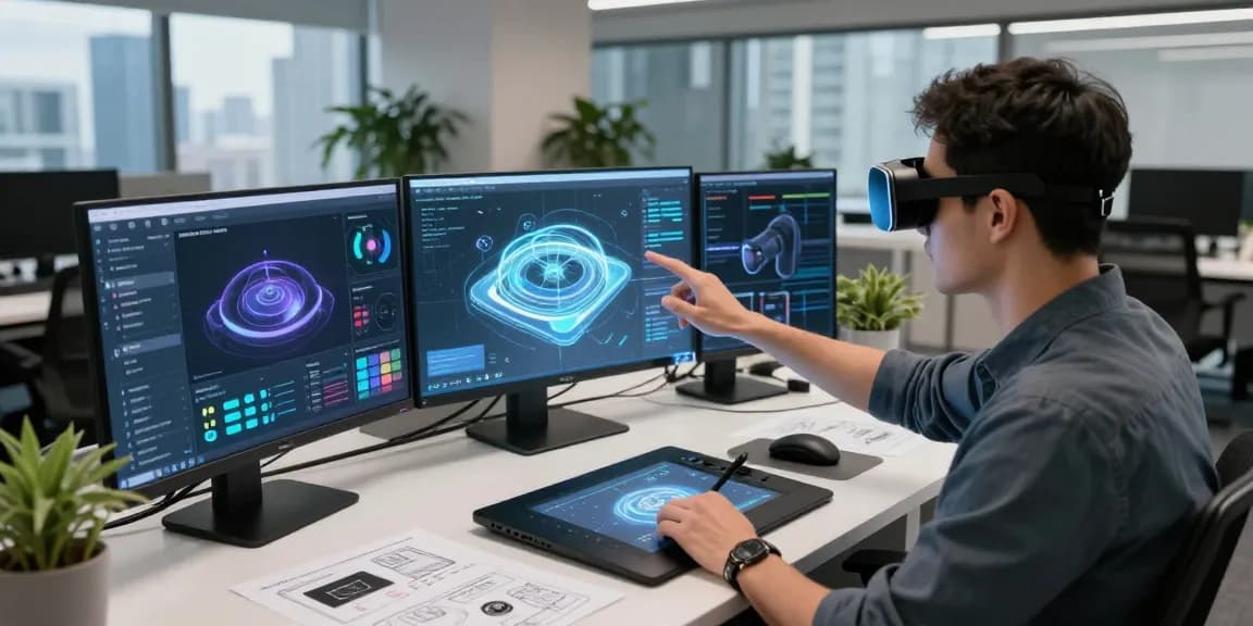 Designer using AR glasses to create 3D visualizations in a modern office.
