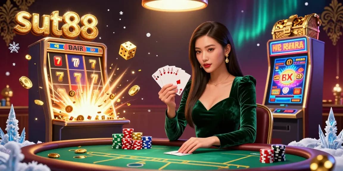 Sut88 engages players at a luxurious poker table amidst exciting casino elements and jackpot vibes.