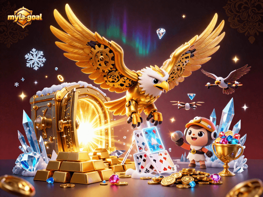 Engage in thrilling action with the myla-goal golden eagle soaring through a lavish casino scene filled with treasure.