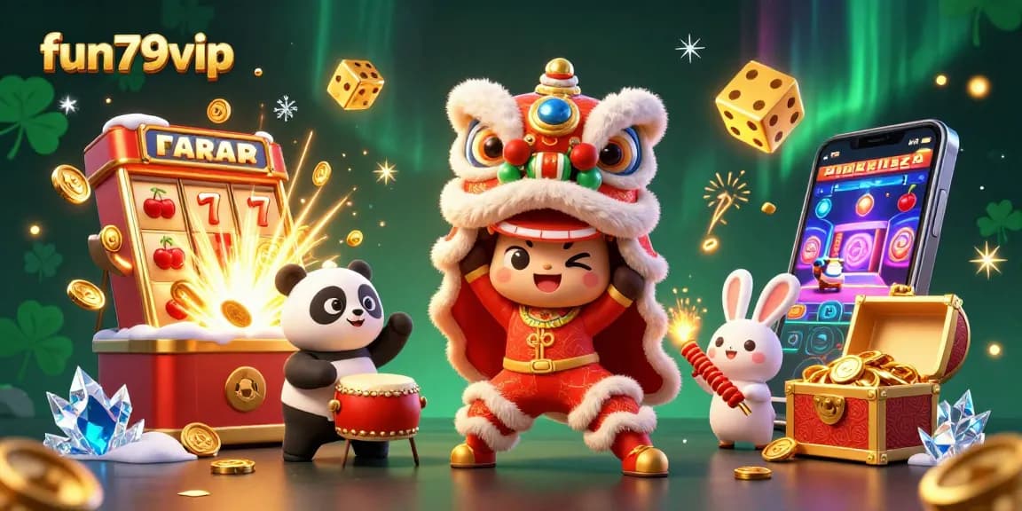 Experience fun79vip with an explosive 3D casino scene featuring a vibrant lion dance and gaming elements.