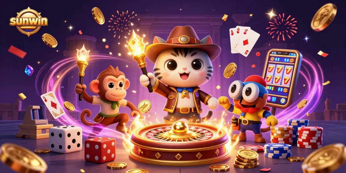 Engage with sunwin's thrilling casino adventure featuring a cat archaeologist and a monkey amidst sparkling treasures.