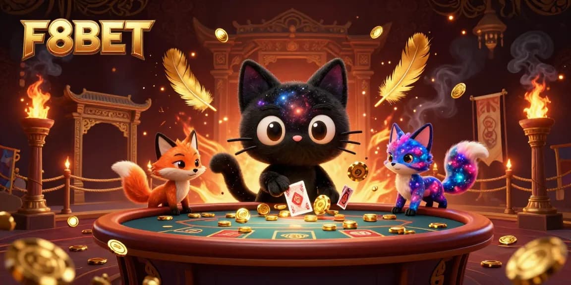 F8BET brings excitement to the casino world, featuring a cosmic cat and fox at a vibrant gambling table.