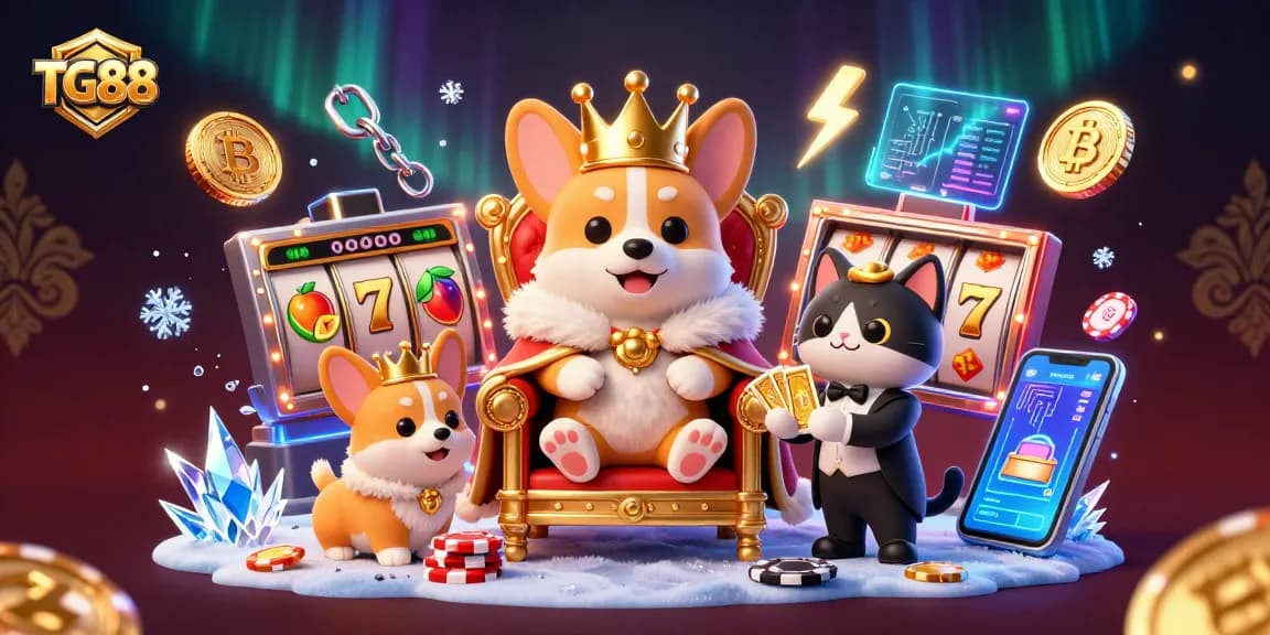 Spin the reels at TG88 with majestic corgi and cat butler in an ultra-detailed casino setting.