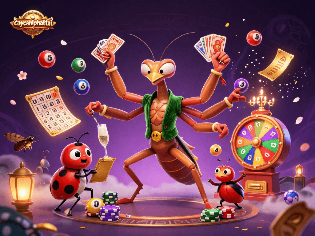 Caycanhphattai enhances the thrill with a vibrant lottery scene featuring colorful balls and engaging characters.