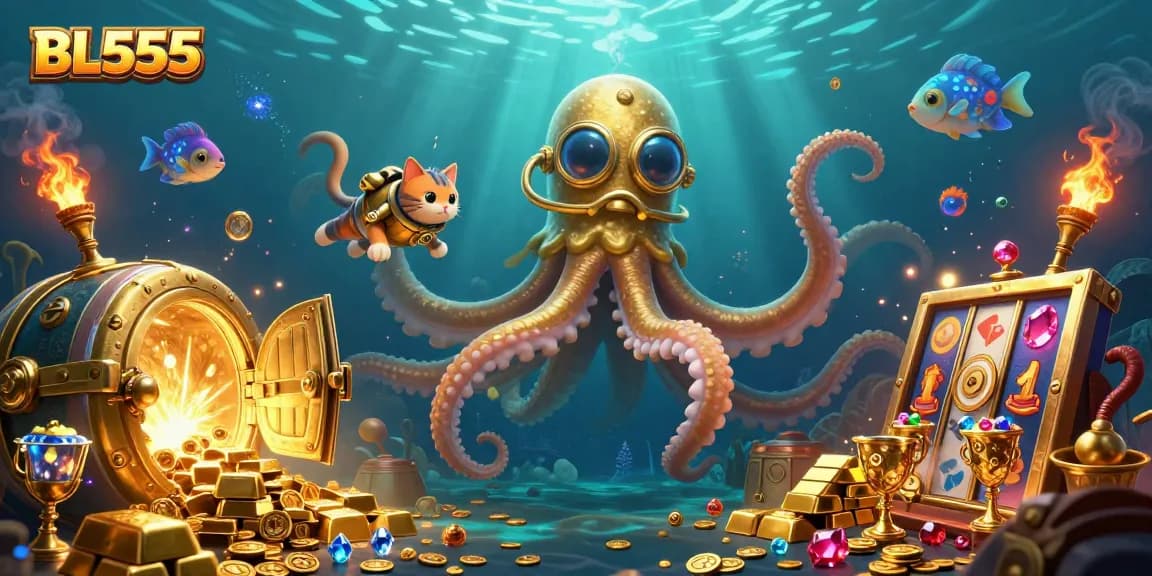 Experience excitement with BL555's treasure-filled 3D scene, featuring vibrant slot reels amidst dynamic aquatic characters.