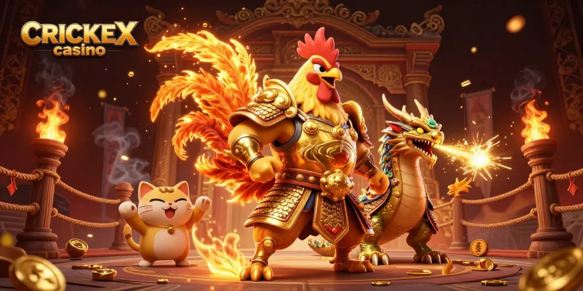 Experience the dynamic CRICKEX casino with a fierce warrior and golden sparks gaming adventure.