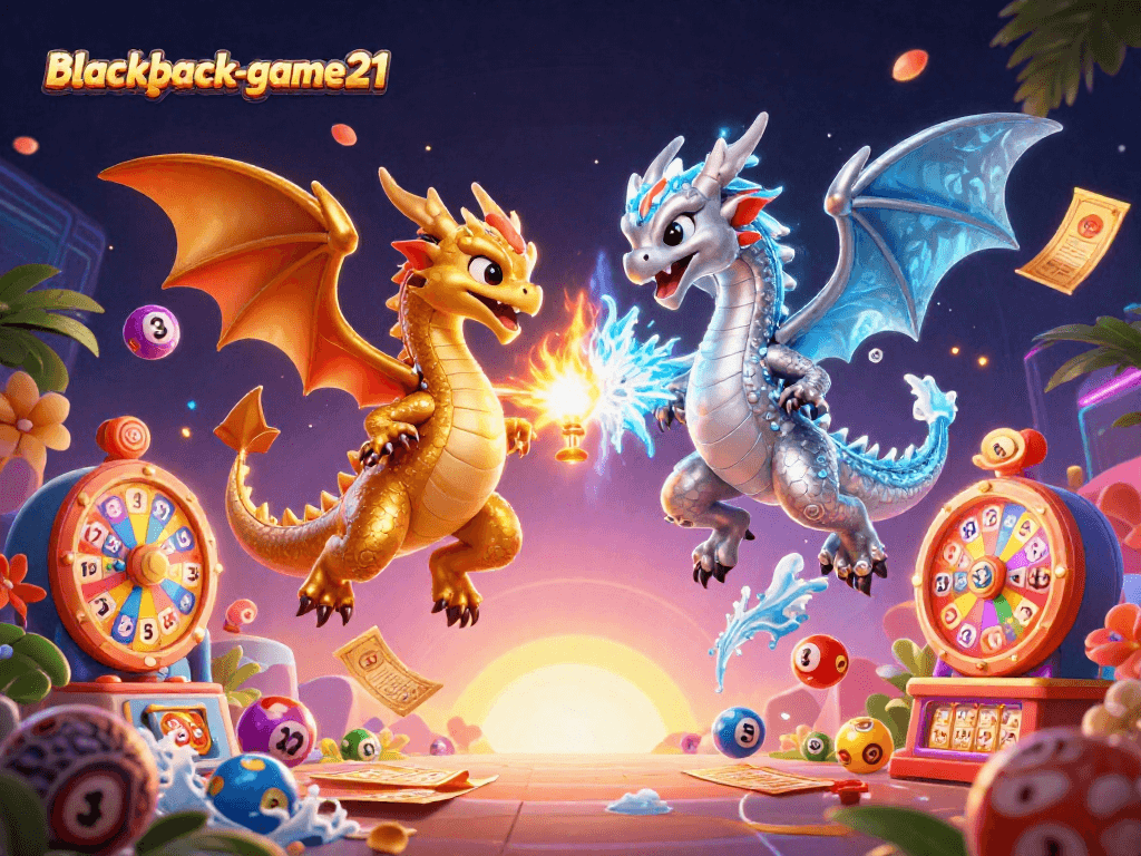 Engage in thrilling action with blackjack-game21 as dragons soar amidst casino elements.
