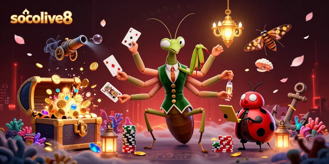 Socolive8 showcases a lively 3D scene with vibrant characters engaged in casino gambling actions.
