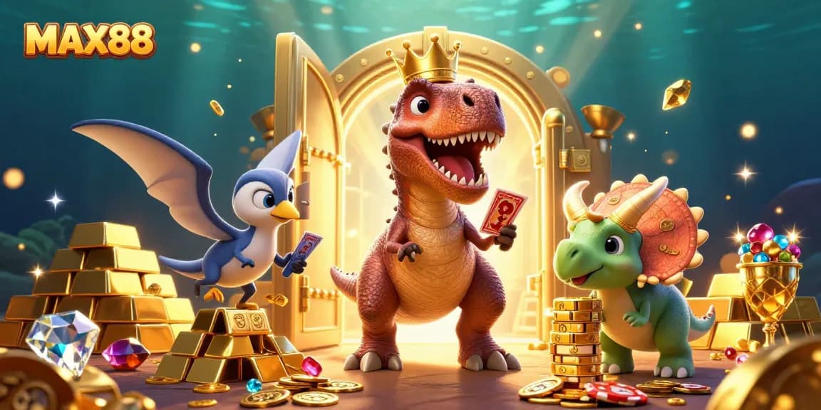 Engage in exciting card games with MAX88 as a T-Rex shuffles challenging cards and a baby triceratops stacks winnings.