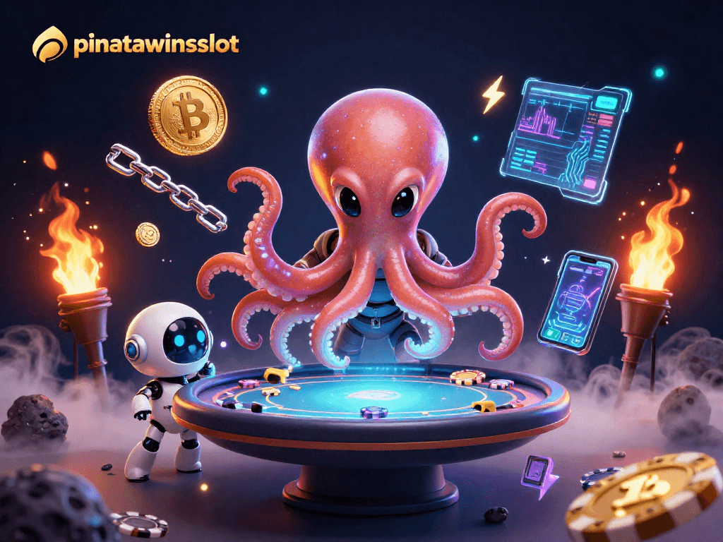 Engage with pinatawinsslot as the alien octopus spins holographic poker, surrounded by cosmic poker chips and neon cryptocurrencies.