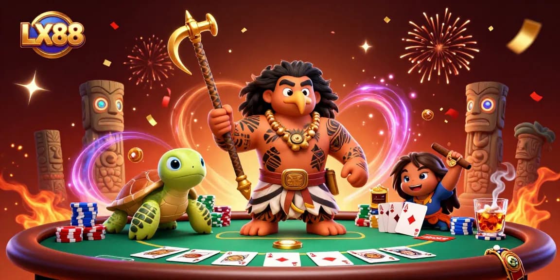LX88 showcases a vibrant casino scene with a demigod hawk and turtle, surrounded by poker elements and celebratory effects.