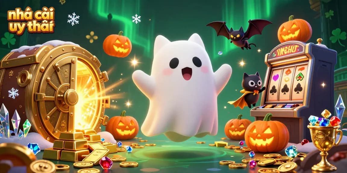 Engage with nhà cái uy tín in a thrilling haunted casino scene showcasing fun characters and sparkling treasures.