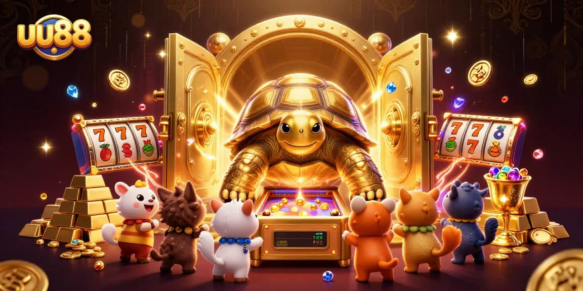Engage in exciting games at uu88 with a vibrant scene showcasing a magical tortoise, slot reels, and treasures.