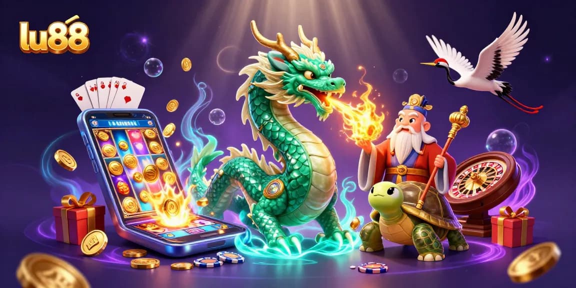 lu88 captivates players with a dynamic illustration of a jade dragon and lucky cranes in an engaging casino scene