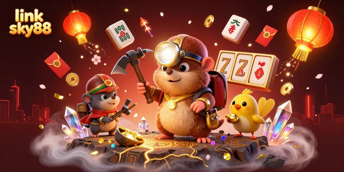 Link sky88 showcases a thrilling treasure hunting scene with slot reels and rich jewels.