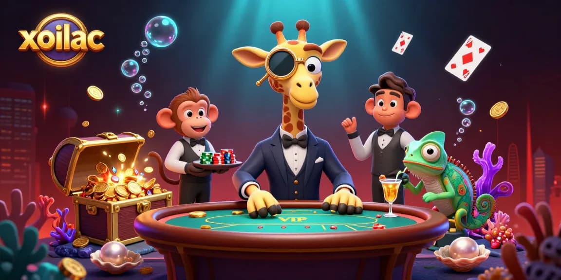 Watch exciting gambling action with xoilac in a vibrant 3D casino scene featuring high-roller characters.