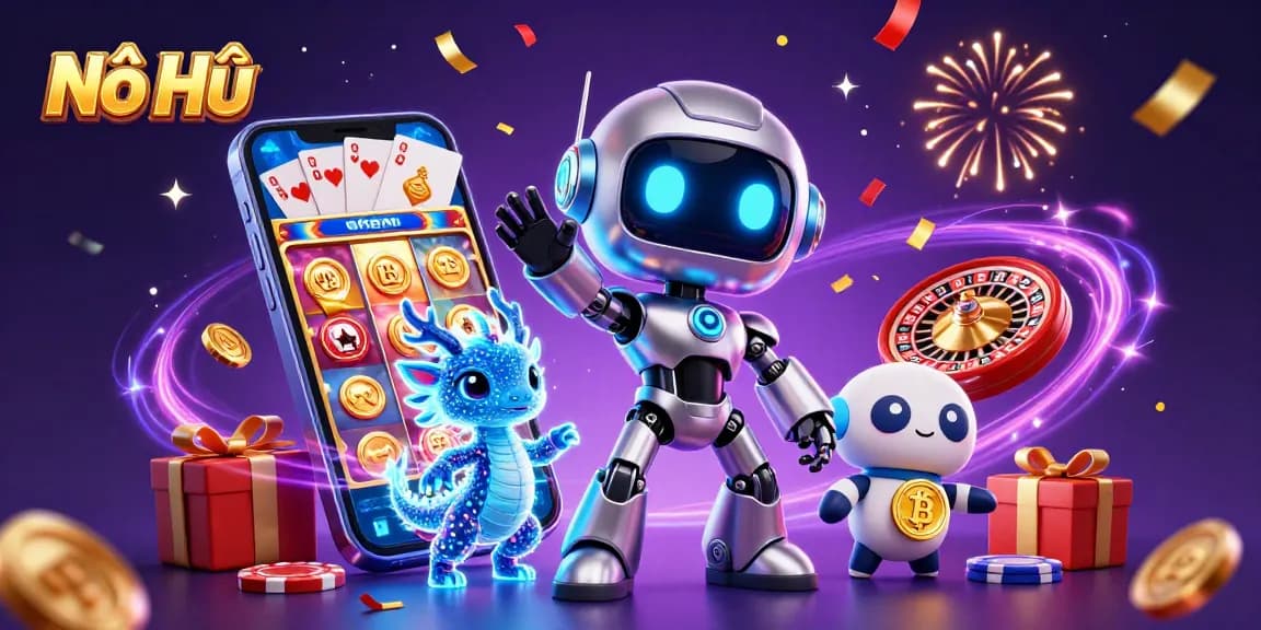 Nổ Hũ game scene with a cyberpunk robot and bitcoin drone celebrating wins along vibrant slot and card games.