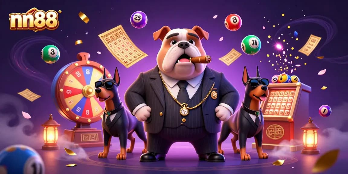 Engage with nn88's thrilling lottery gaming scene featuring vibrant lottery balls and the mafia boss bulldog.