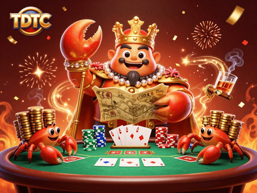 Experience the excitement of TDTC poker with a vibrant golden crab emperor and luxurious elements.