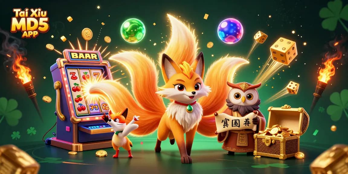 Engage in the thrill with Tài Xỉu MD5 APP, featuring a vibrant scene of a fox spirit, casino elements, and dynamic orbs.