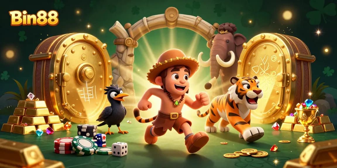 Experience thrilling gameplay at Bin88 with cavemen and sabertooth tigers in a vibrant casino scene.