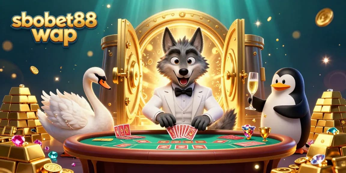 Experience excitement with sbobet88 wap featuring a dapper wolf at a baccarat table and dazzling treasures.