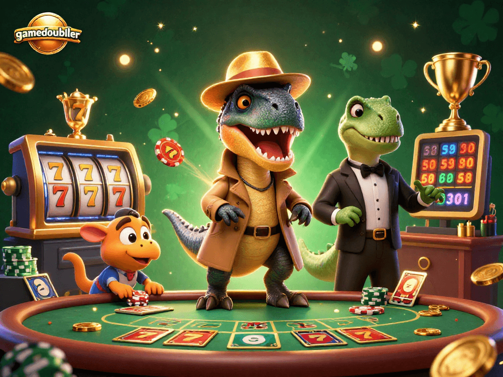 Experience excitement with gamedoubler while a velociraptor counts cards at a blackjack table, showcasing dynamic slot elements.