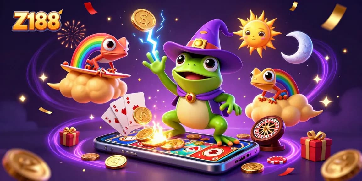Experience Z188 action with a wizard frog, chameleon, and gaming symbols surrounded by gold coins.