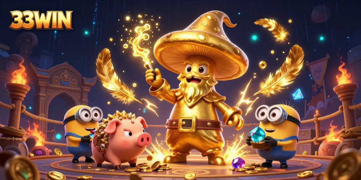 Spin the reels with 33WIN's magical golden mushroom wizard lighting up the casino.