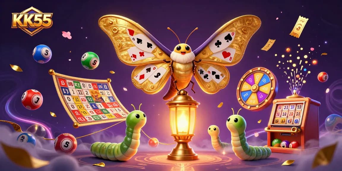 Experience KK55's exciting casino fun with vibrant lottery elements and a majestic atlas moth.