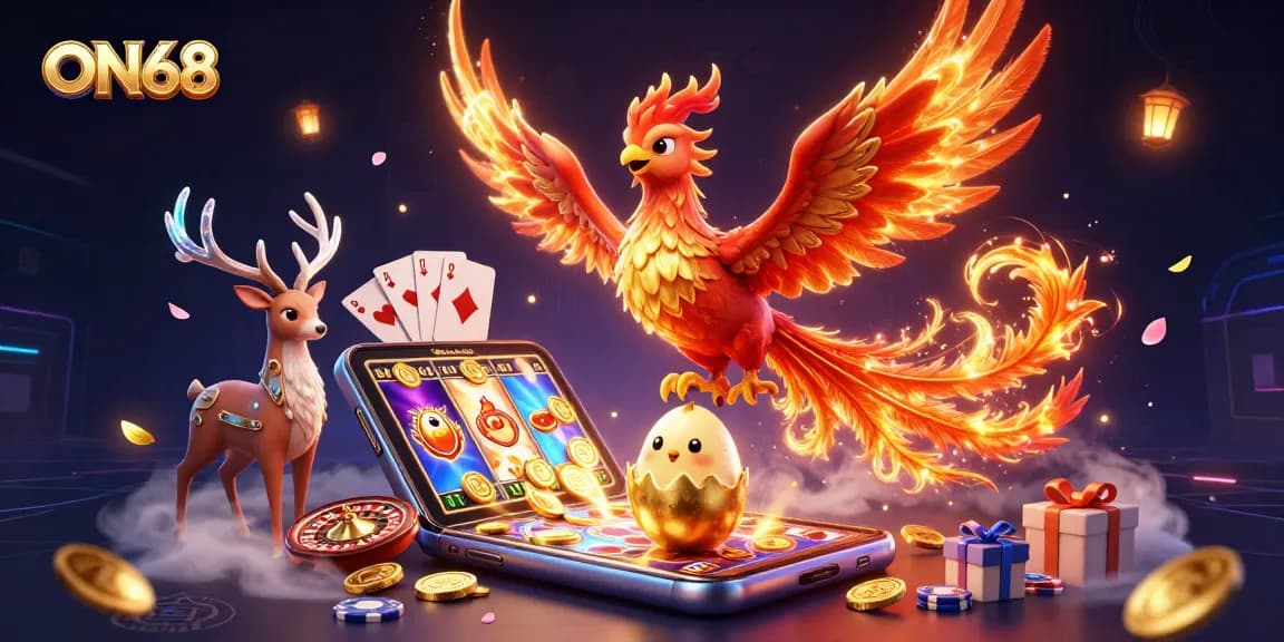 Experience thrilling gaming action at ON68 with a phoenix rising, golden coins, and dynamic slot games.