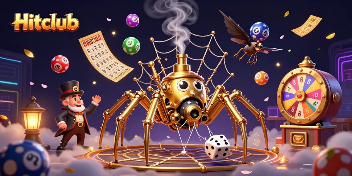Hitclub features a dynamic scene with a golden spider and whimsical elements, showcasing exciting gambling action.