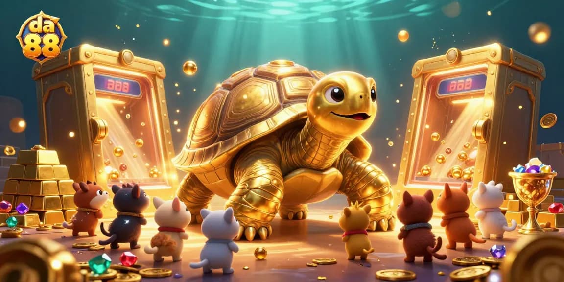 Engage with the da 88 casino experience featuring an exciting scene of a colossally fun golden tortoise and treasure.