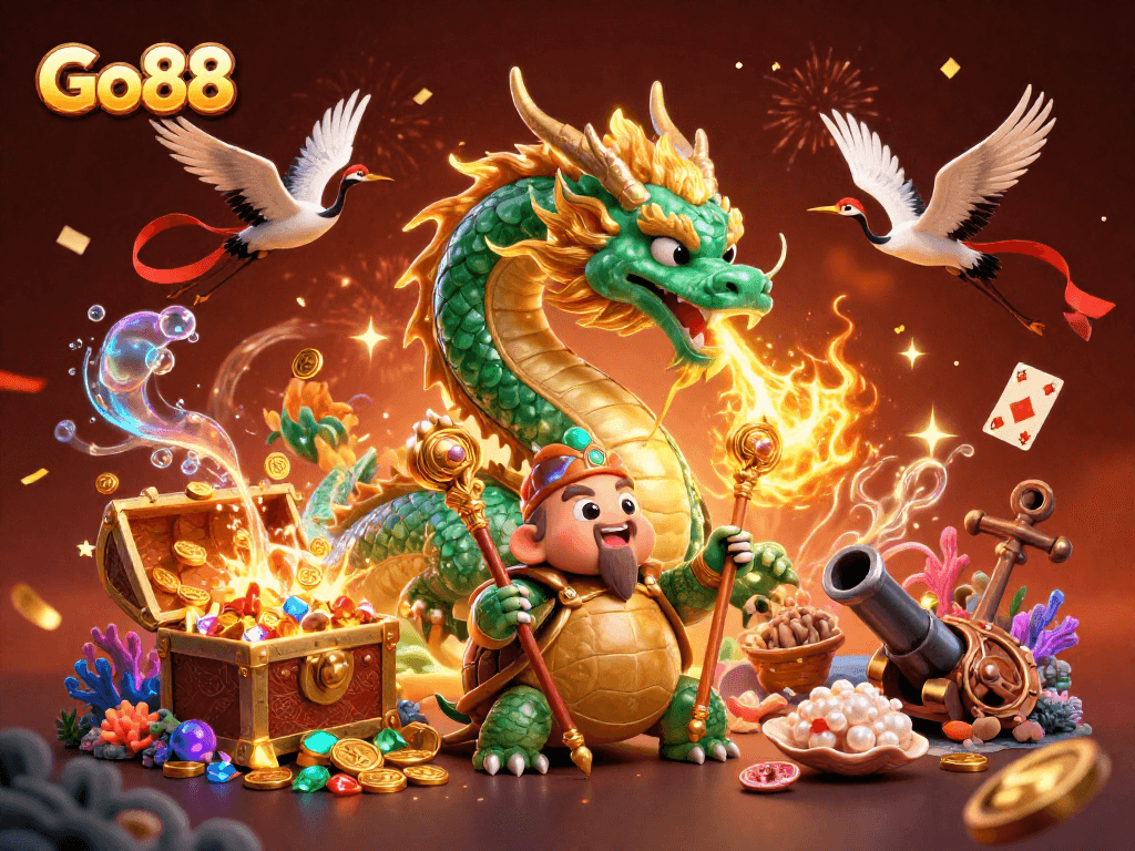Engage in exciting gameplay at Go88, featuring a vibrant casino scene with lucky symbols and characters.