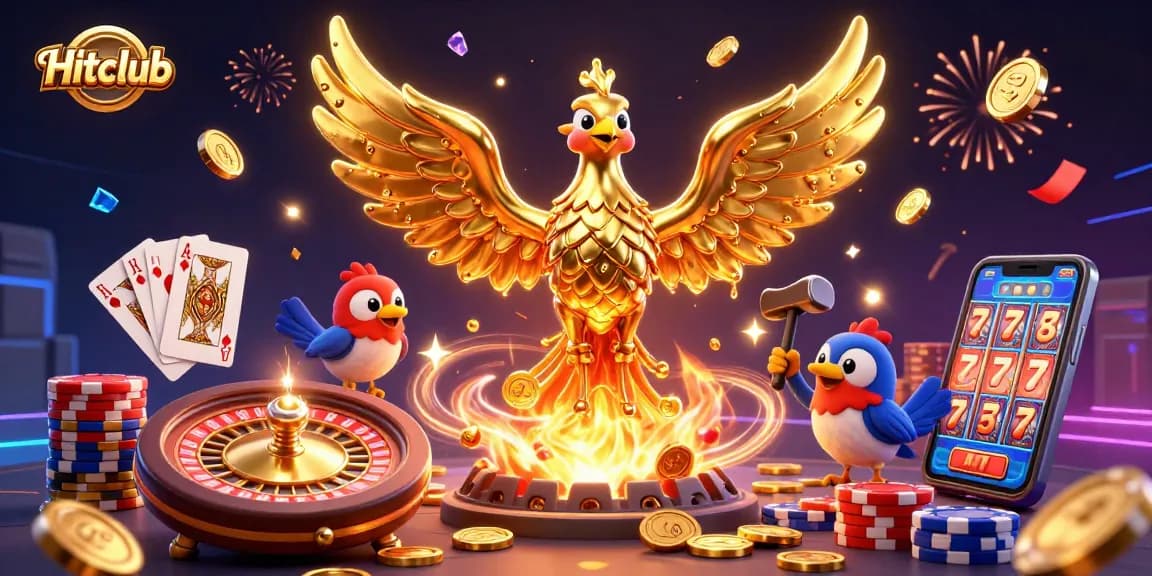 Hitclub shows a golden phoenix and sparrow assistants amidst dazzling casino elements like coins and poker chips.