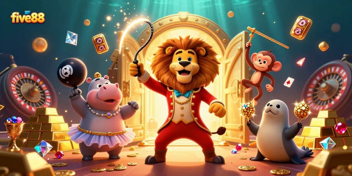 Experience exciting gameplay with five88, featuring colorful circus characters and sparkling casino elements.
