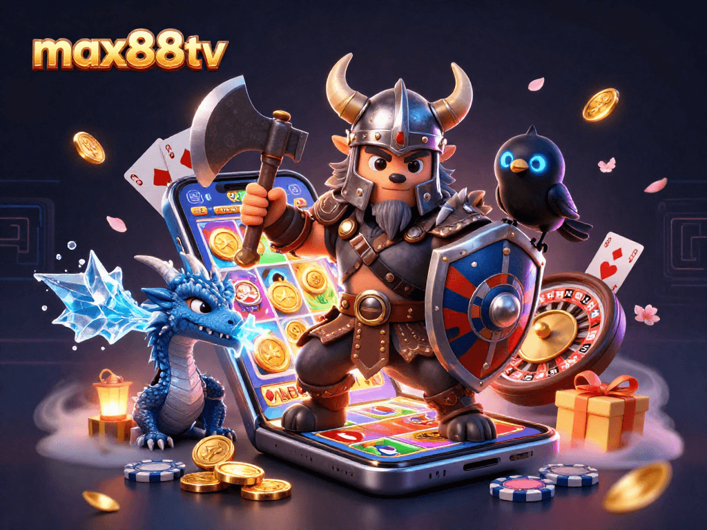 Experience the excitement of max88tv with a vibrant 3D casino scene featuring heroic characters and engaging gaming elements.