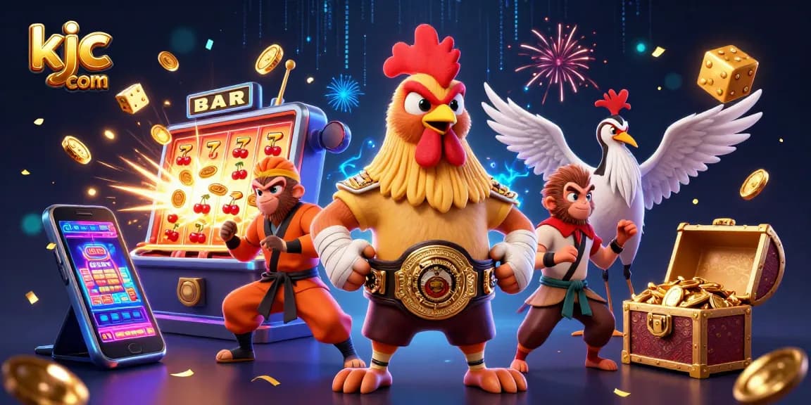 Spin winnings with kjc com's vibrant 3D casino scene featuring a Muay Thai rooster, Shaolin monkey, and crane master.