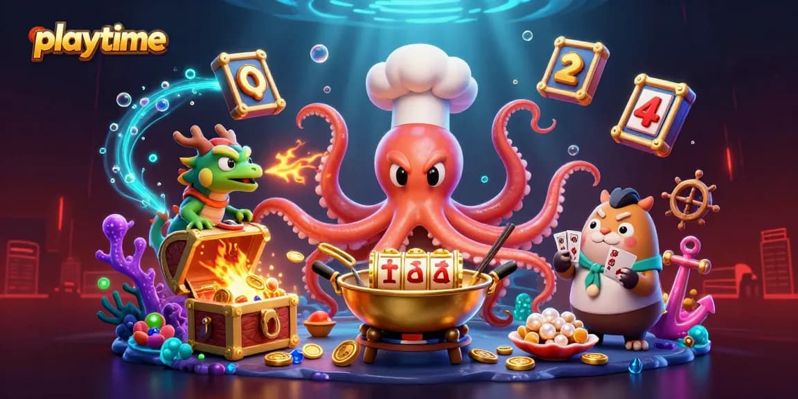 Engage with playtime's vibrant casino scene featuring an octopus chef, dragon, and tanuki amidst gold and slot reels.