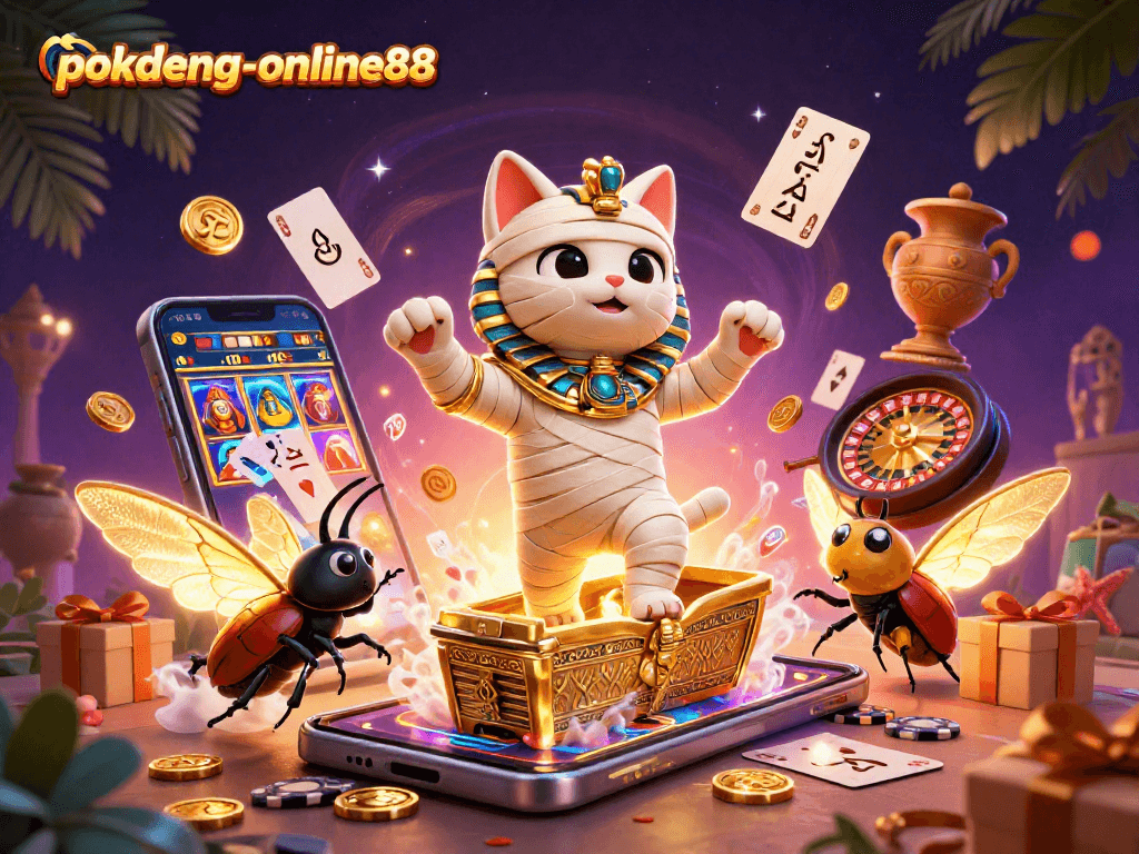 Experience the thrill of gameplay with pokdeng-online88 as a mummy cat bursts from a sarcophagus surrounded by vibrant casino elements.