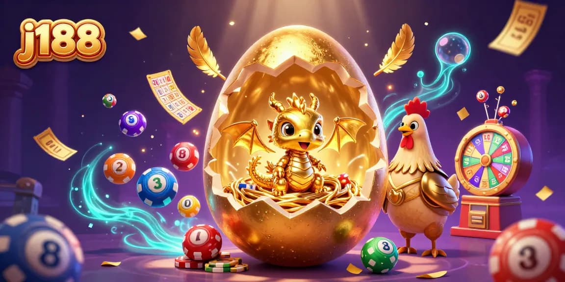 Experience j188's vibrant casino world with a golden dragon and poker chips amidst colorful lottery elements.