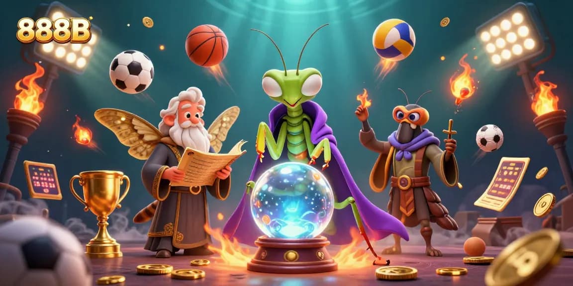 Engage with 888B's dynamic betting scene featuring a fortune teller, sports elements, and immersive atmosphere.