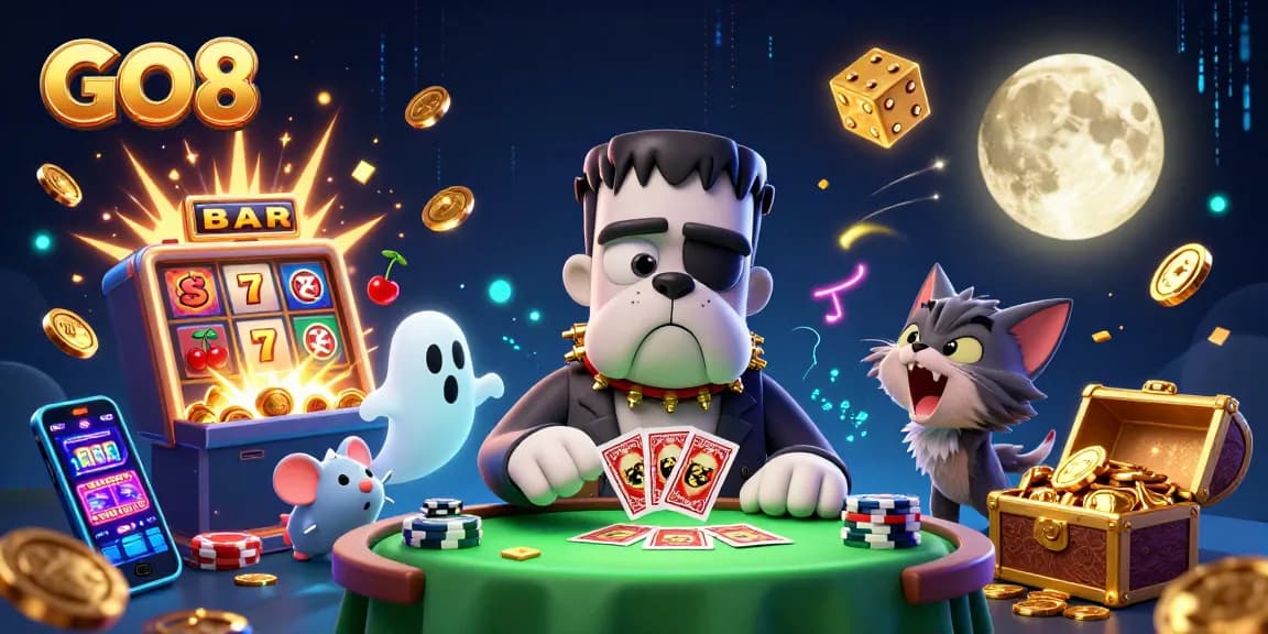 Engage with GO8's thrilling gaming experience featuring an animated conflict at a haunted casino table.