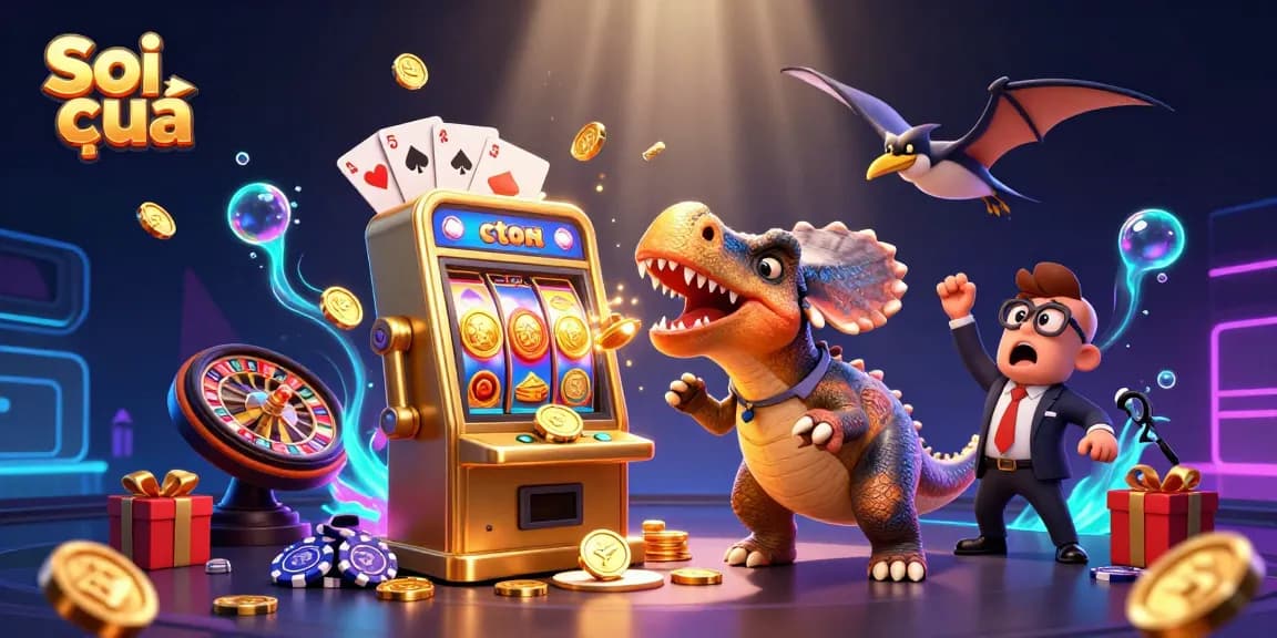 Soi cầu display with cartoon dinosaurs interacting with a jackpot slot machine, collecting coins