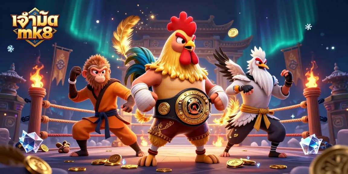 Experience the thrills of เจ้ามือ mk8 with a vibrant 3D illustration showcasing a dynamic casino and cockfighting theme.